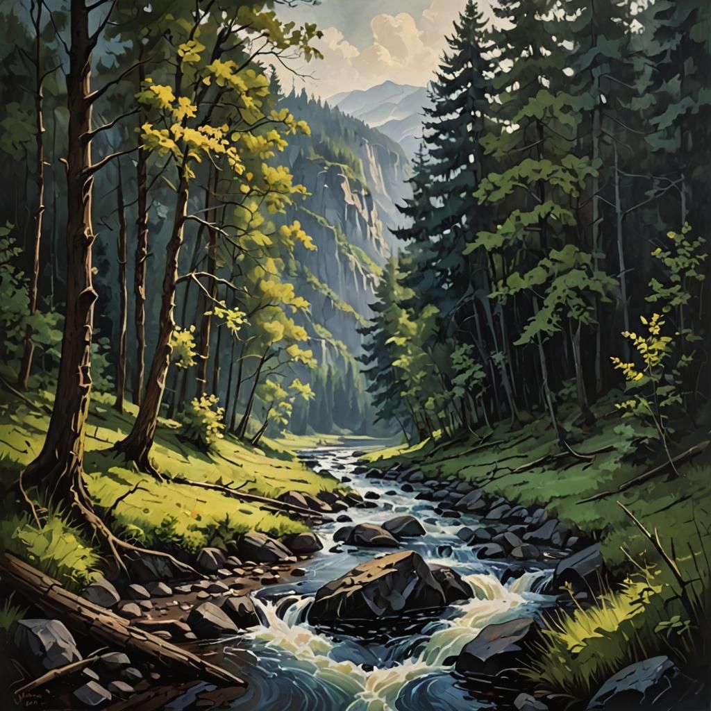Forest Valley River in Matte Oil Painting Style
