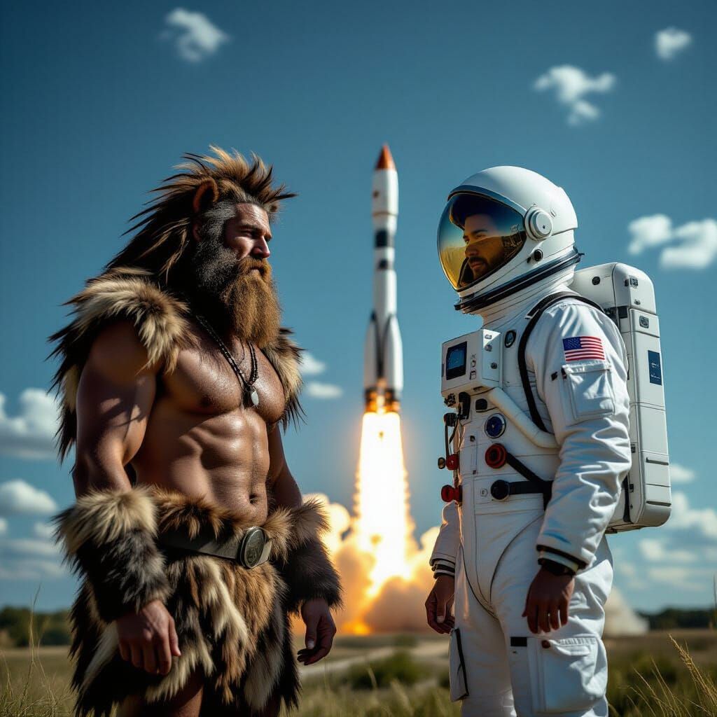 Prehistoric Man Meets Rocket Scientist in Hyperrealistic Sce...