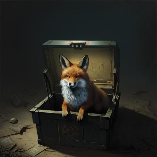 Fox in a Box: Dark Engraving Illustration