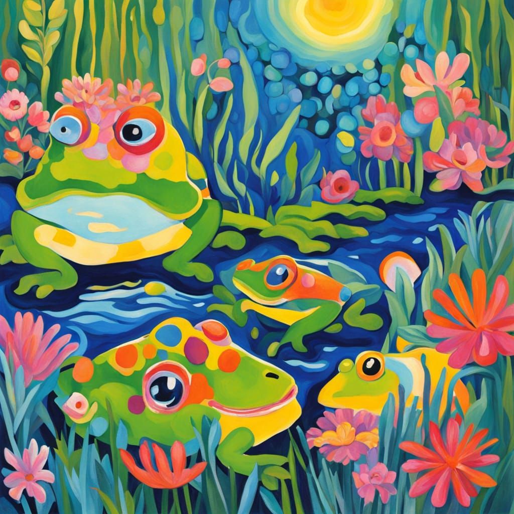Vibrant Watercolor Portrait of a Frog and Fish in an Underwa...