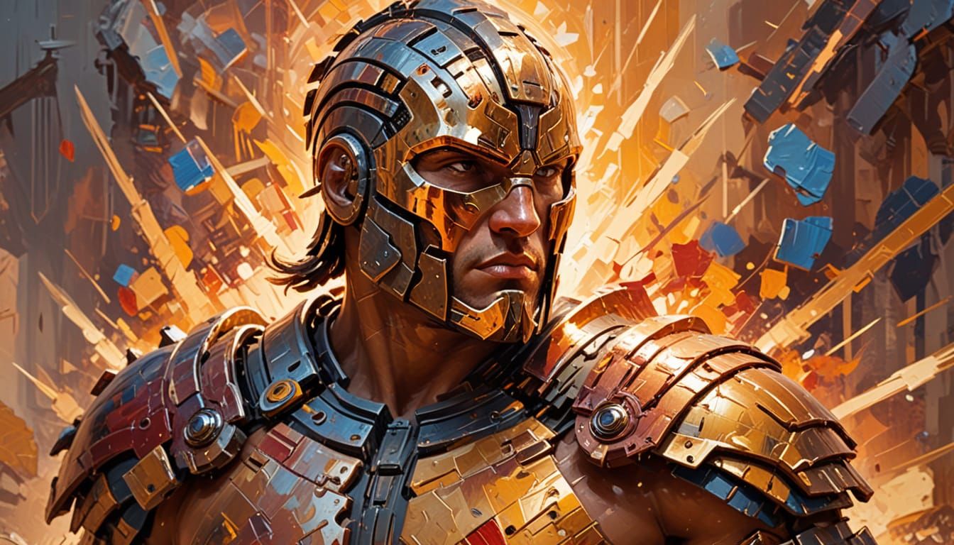 Cyborg Gladiator in Arena, Abstract Expressionist Impasto
