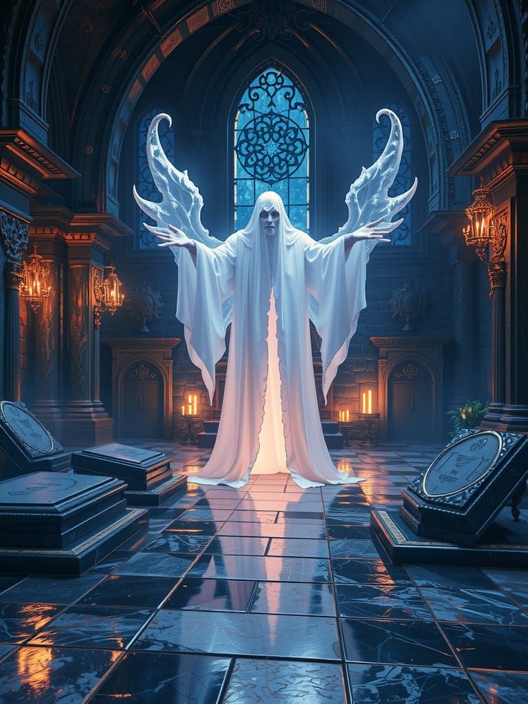 Ethereal Guardian in Medieval Fantasy Temple