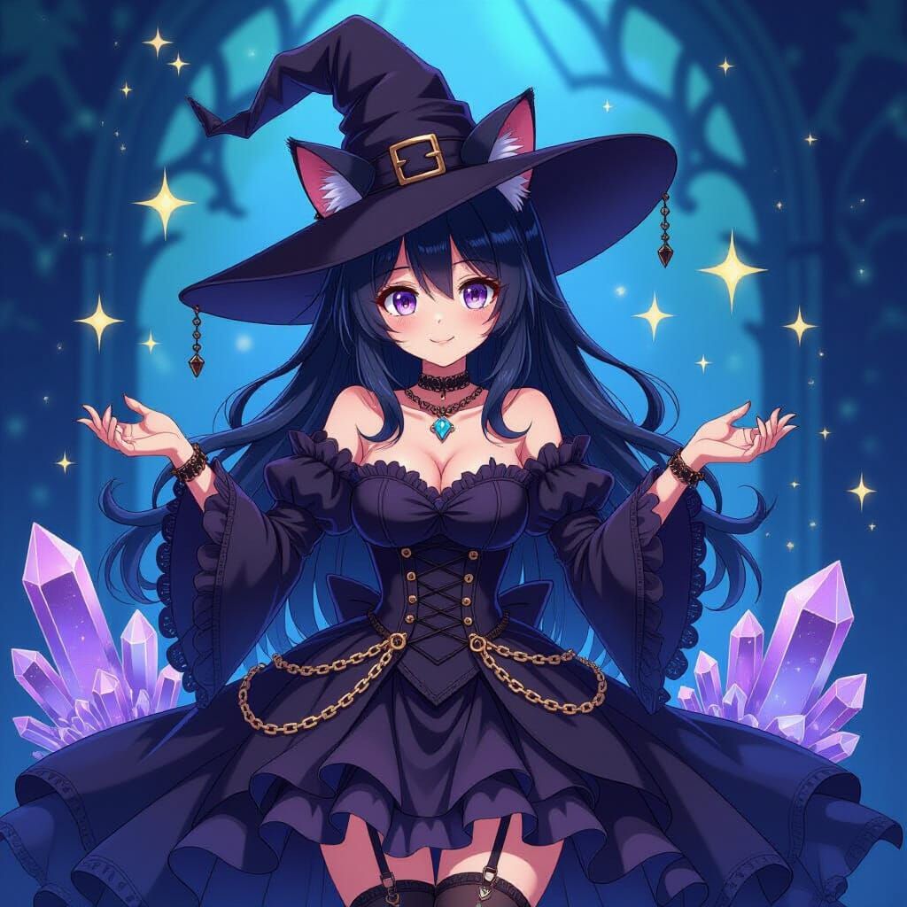 Witch in Gothic Dress with Cat Ears and Stars