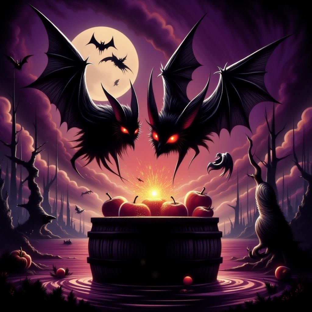 Gothic Bats Dive Bomb Apples in Eerie Halloween Scene