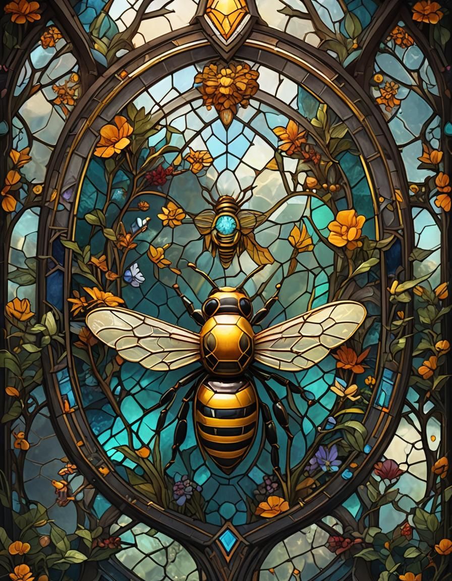 Stained Glass Bee in Detailed Matte Painting Style