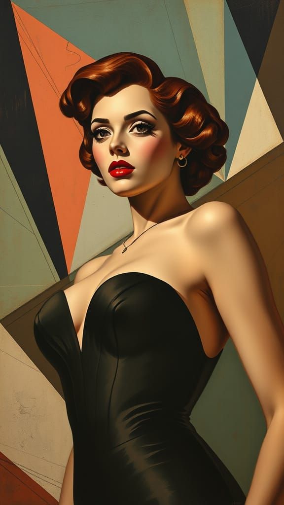Sultry Pin-Up in Vorticism-Inspired Abstract Geometric Setti...