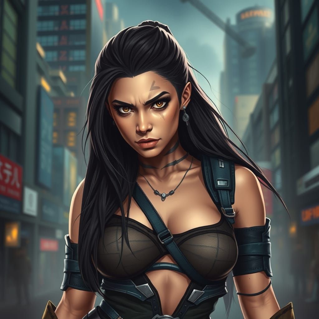 Strong Female Warrior in Futuristic Cityscape
