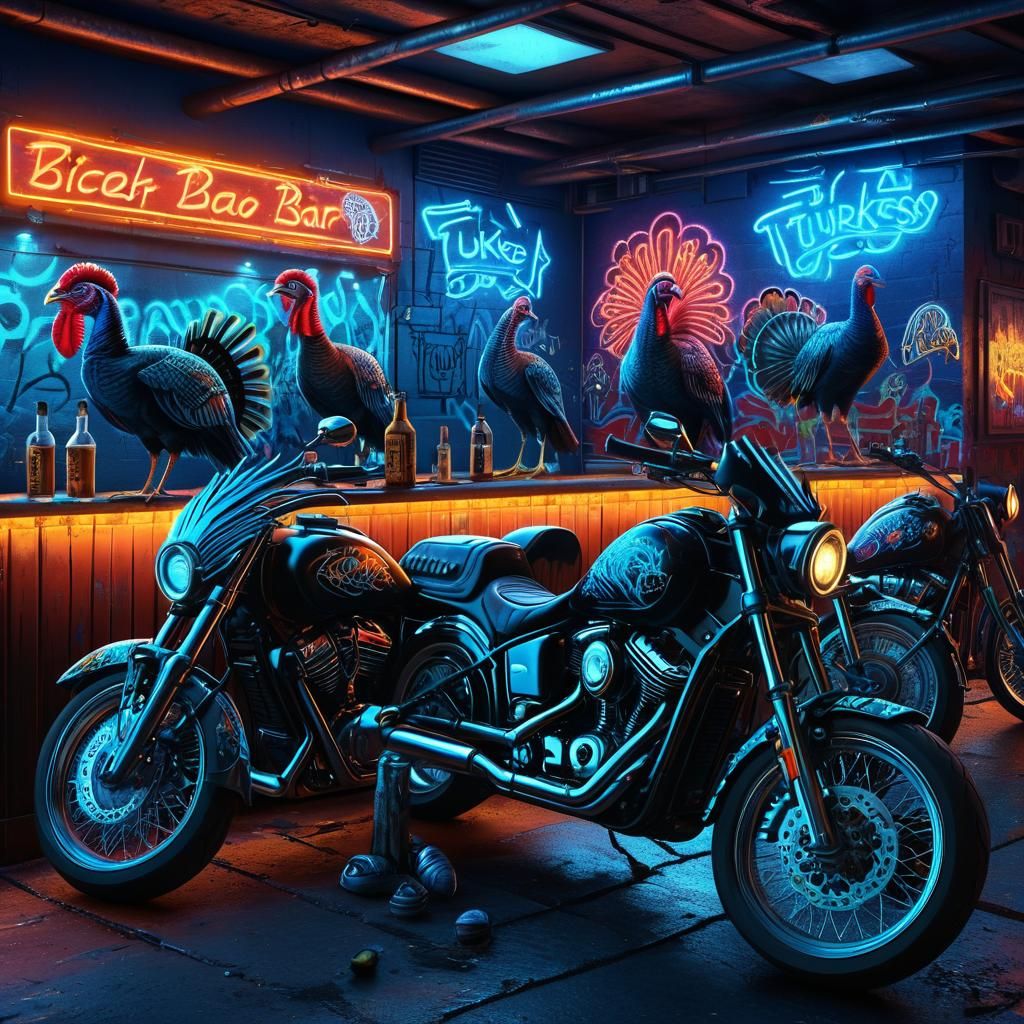 Turkeys in a Biker Bar: Detailed Matte Painting