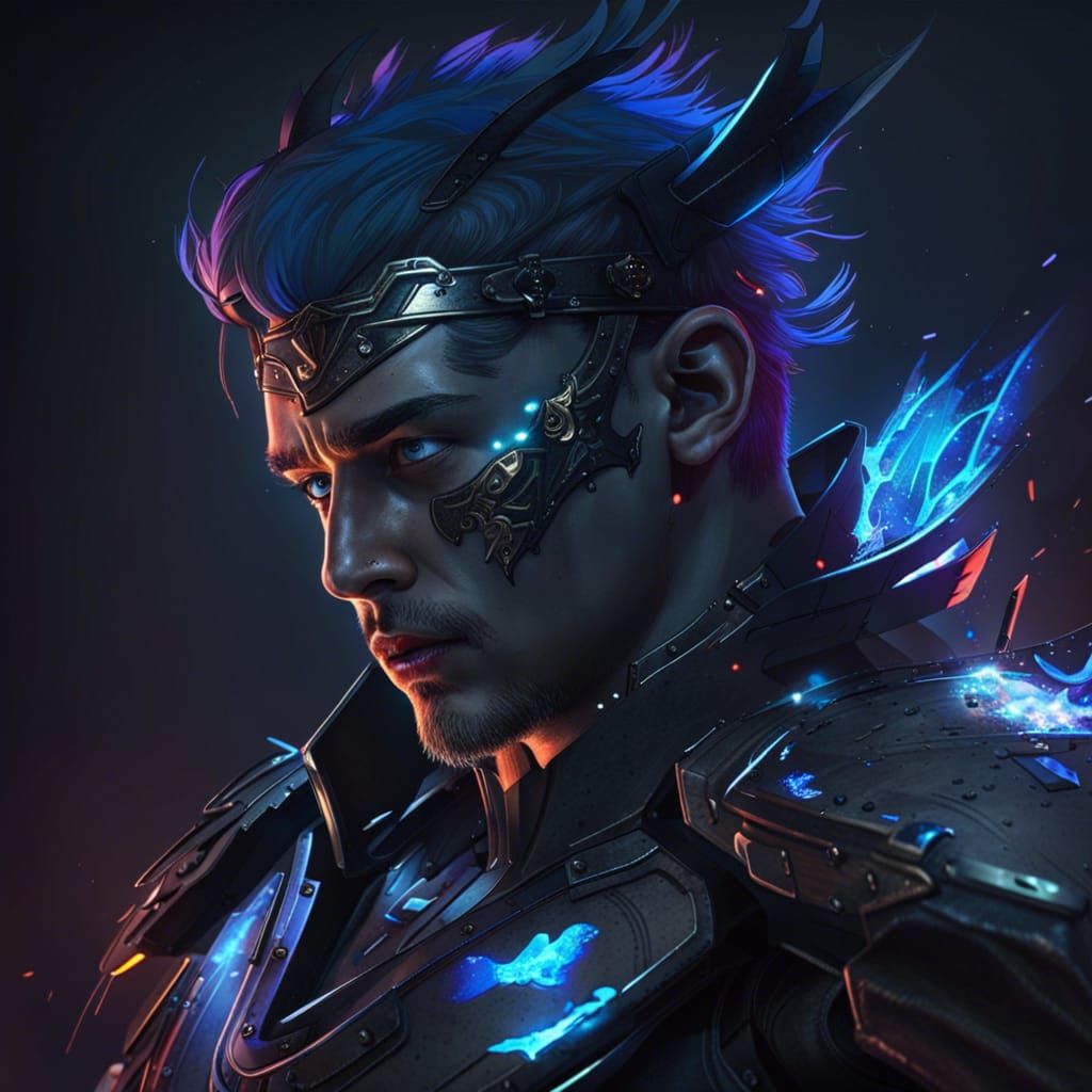 Blue-Haired Knight in Neon Ruins: Hyperrealistic Image