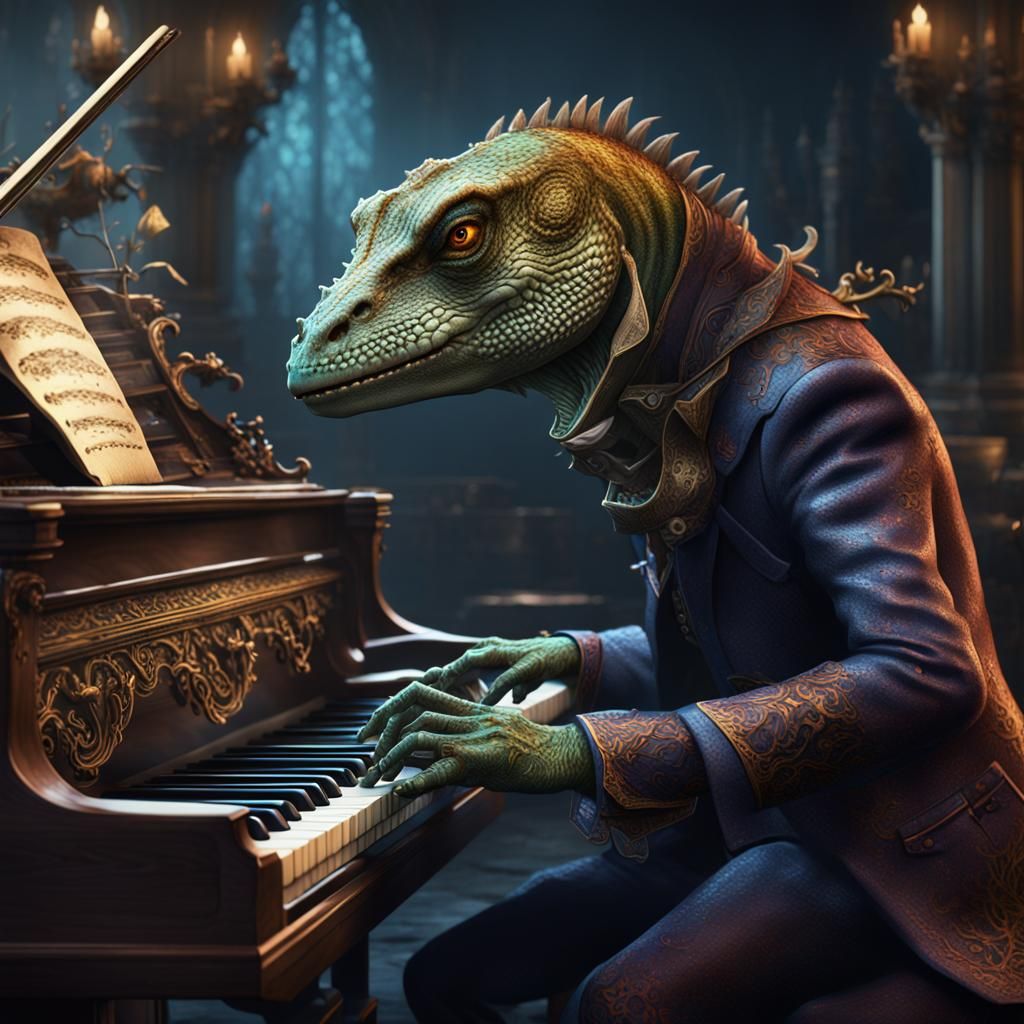 Lizardfolk Pianist: Detailed Fantasy Concept Art