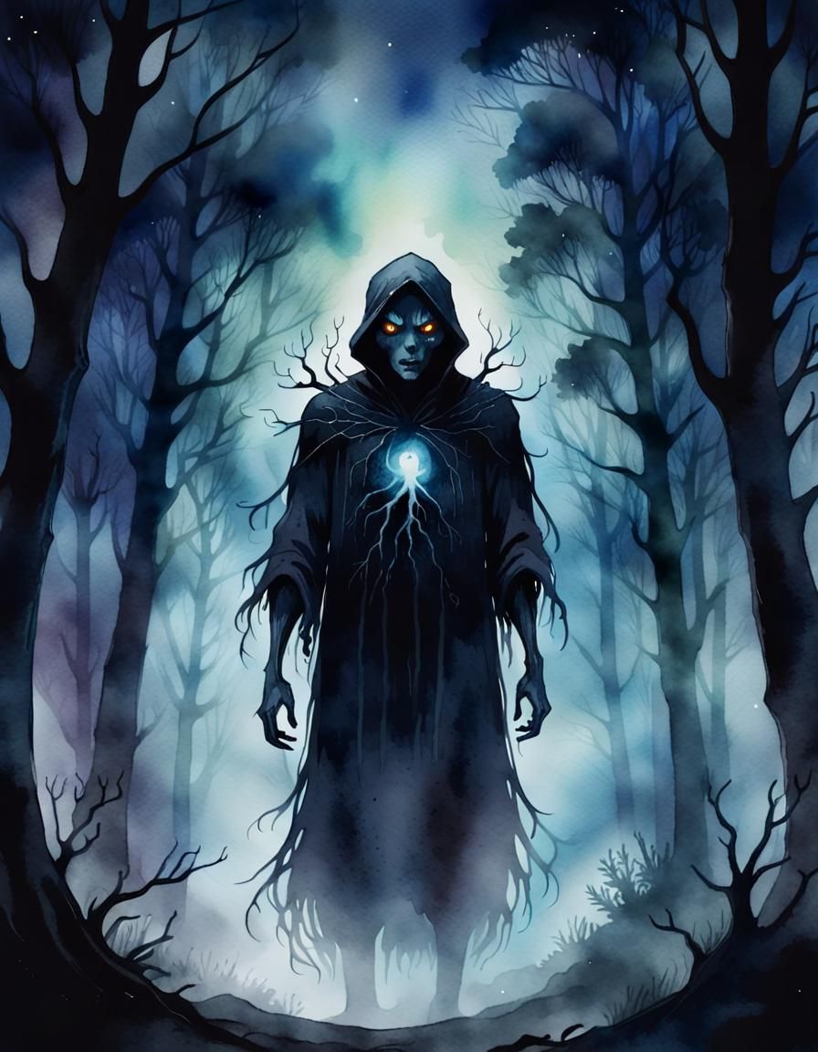 Eerie Shadow Figure in Misty Forest: Watercolor Art