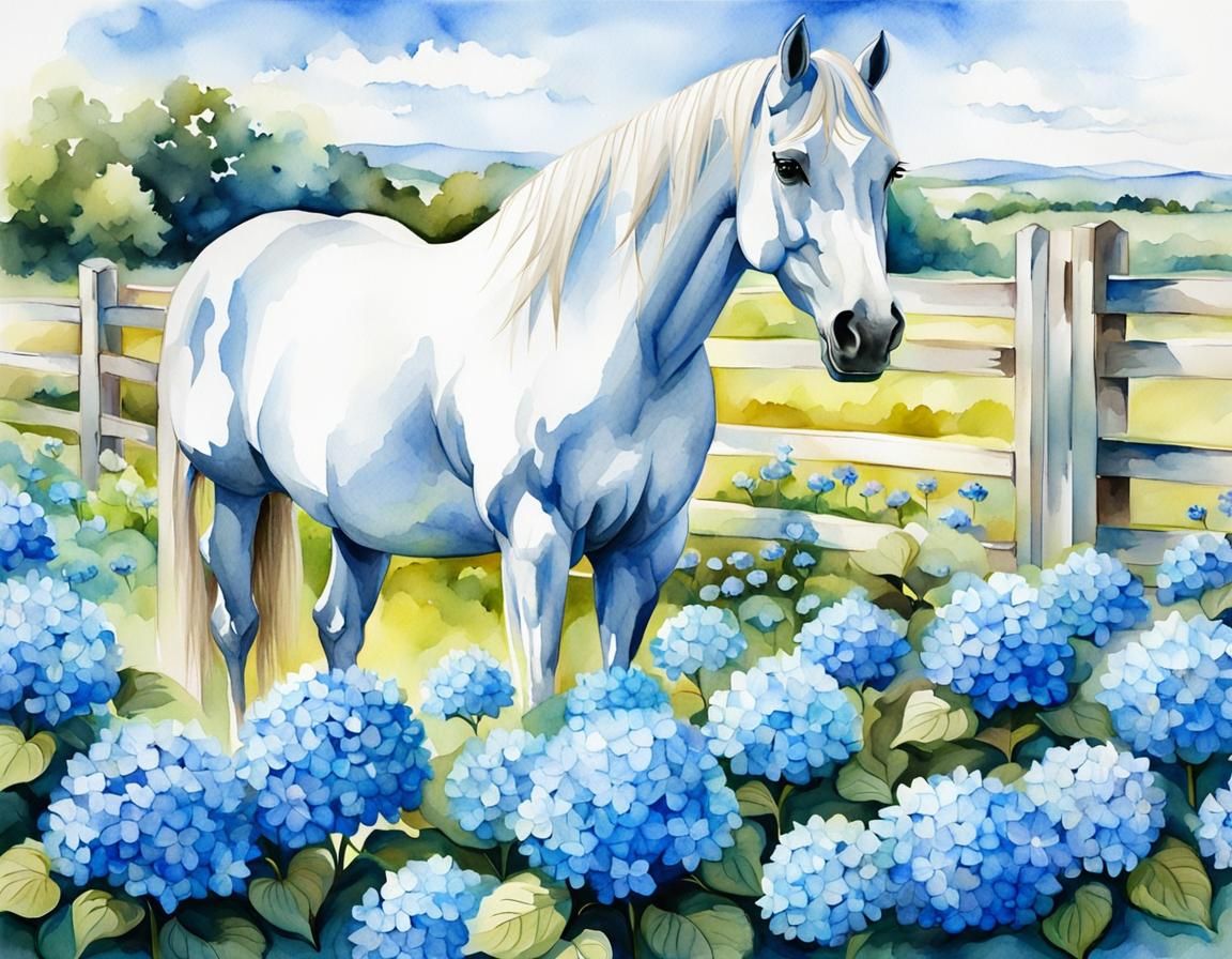 Watercolor Horse in Hydrangea Field