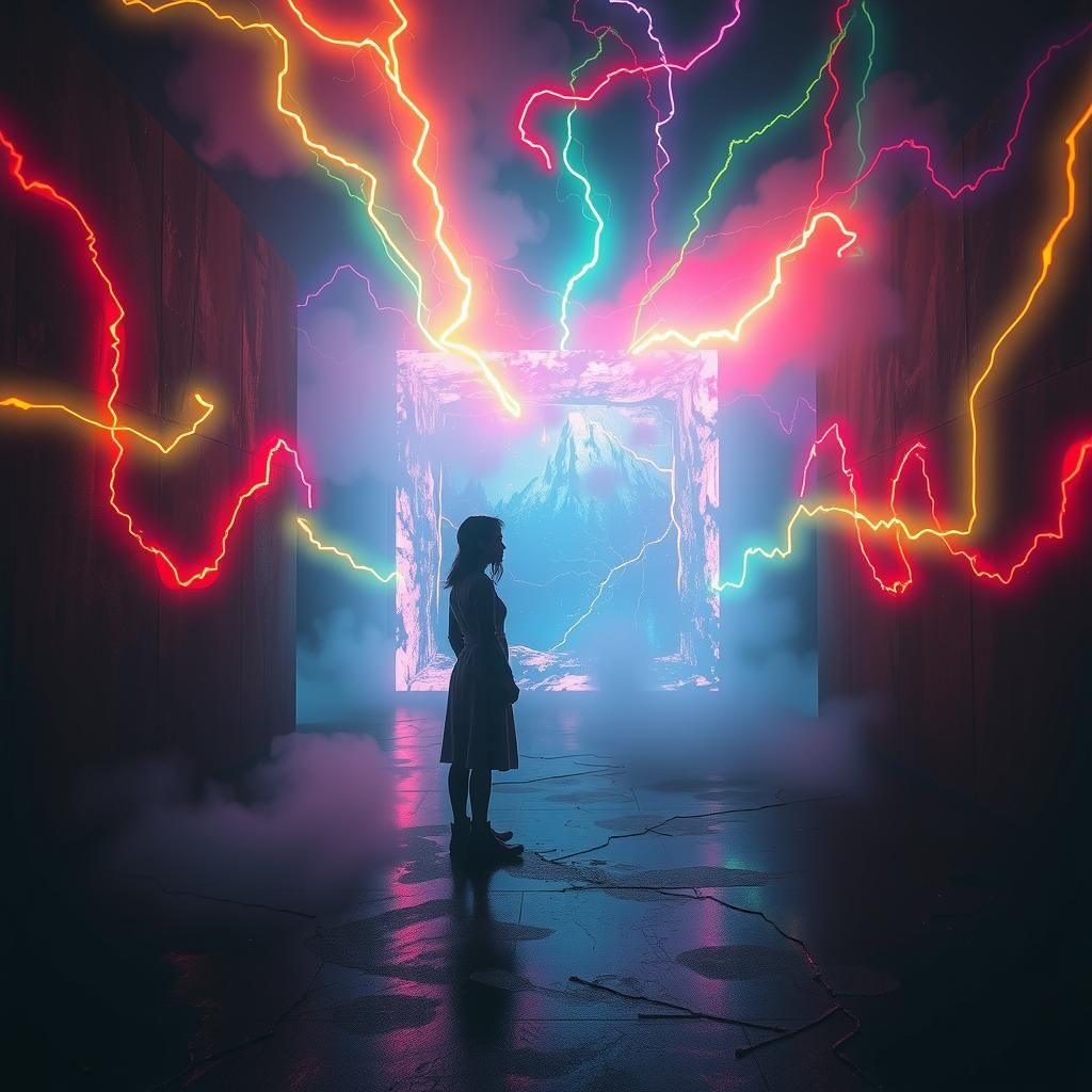 Dreaming Girl in Cyber Neon Forest, Double Exposure