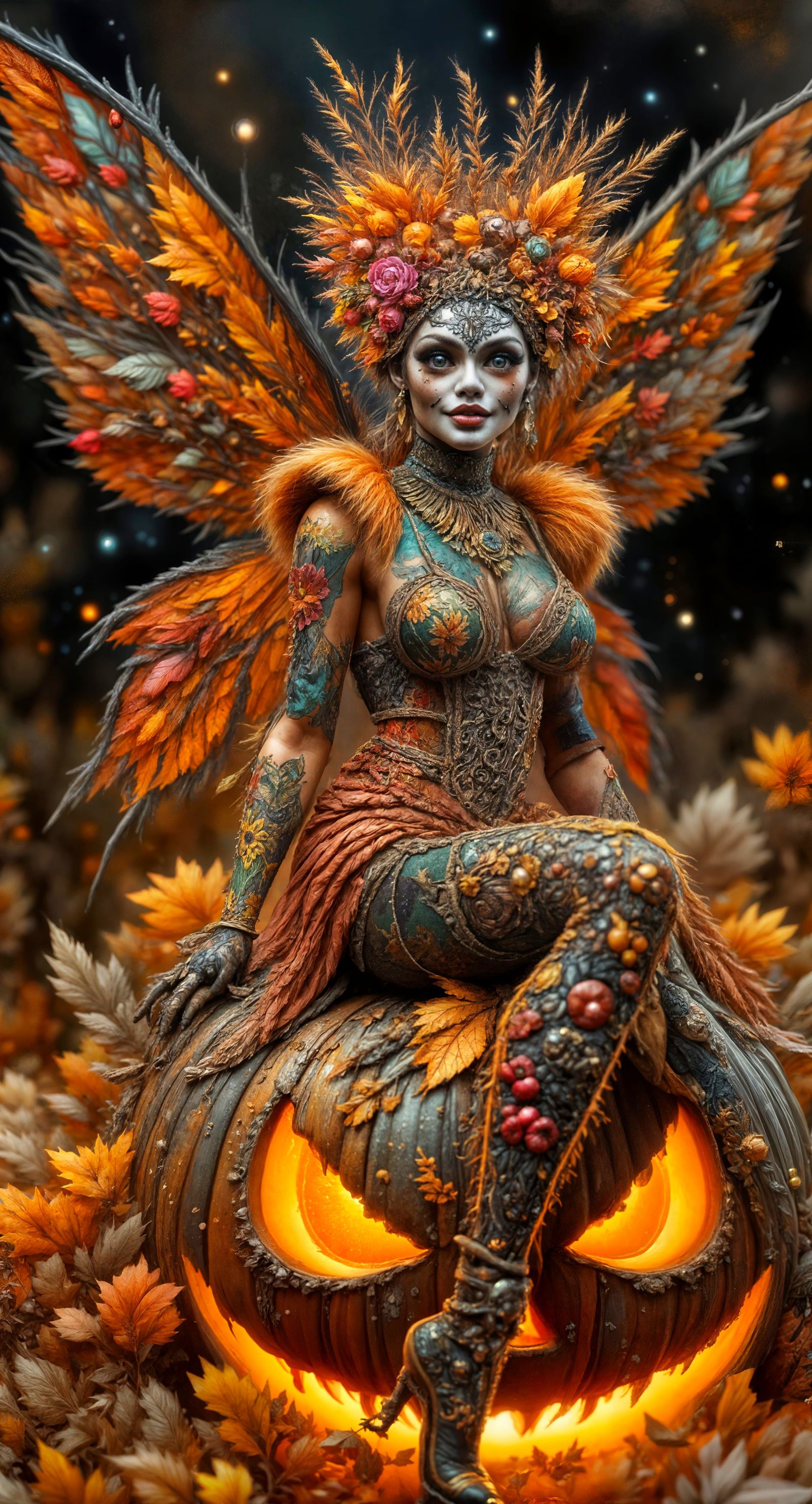 Autumn Faerie Oil Painting with Dia de Muertos Mask