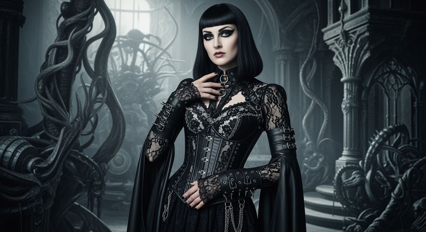 Gothic Woman with Cat Eye Makeup in Dark Romantic Style