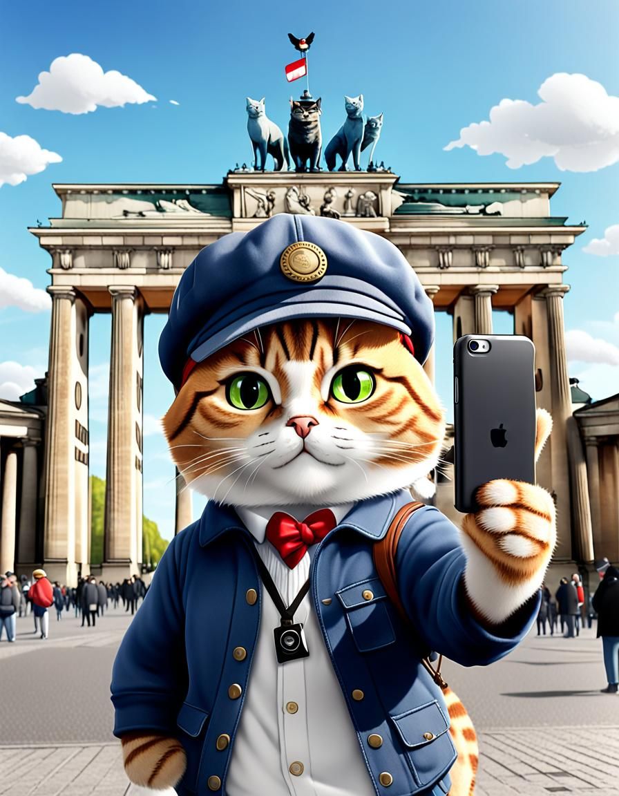 Tabby Cat Selfie at Brandenburg Gate in Anime Style