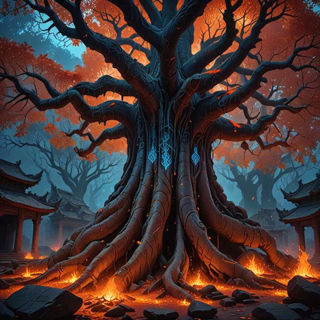 Colossal Banyan Tree with Sapphire Roots in Oil Painting Sty...