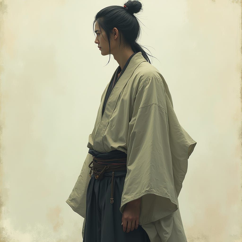 Samurai-Inspired Warrior in Muted Watercolor Landscape