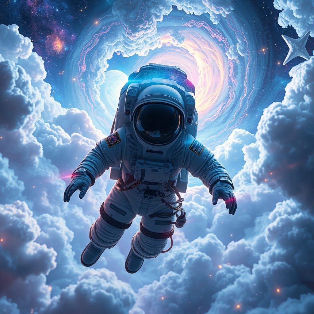 Astronaut Surrounded by Swirling Celestial Vortex in Etherea...