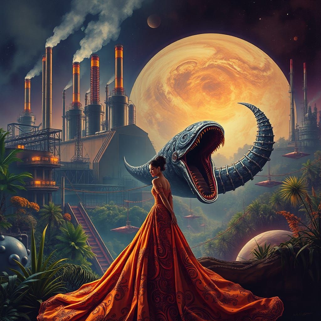 Dystopian Jupiter: Woman in Klimt-Inspired Gown