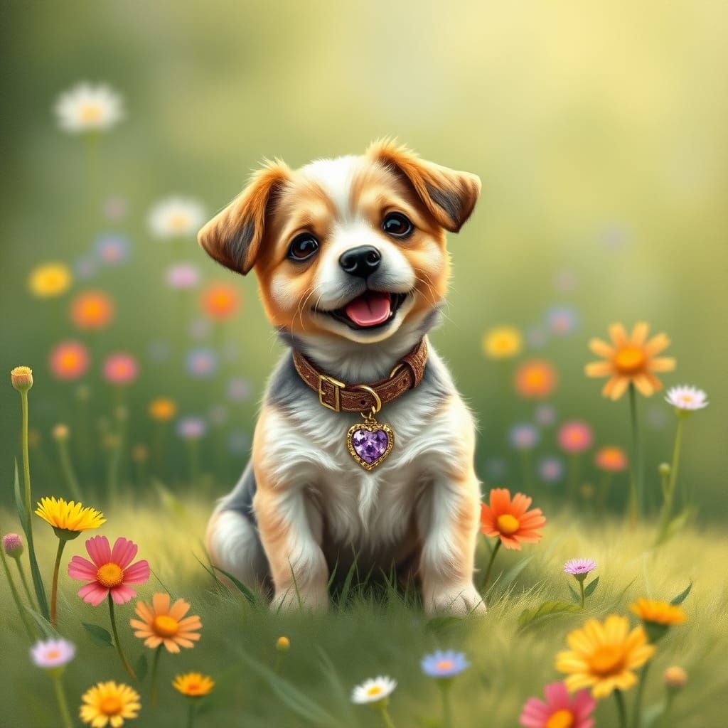 Whimsical Baby Dog in a Colorful Meadow