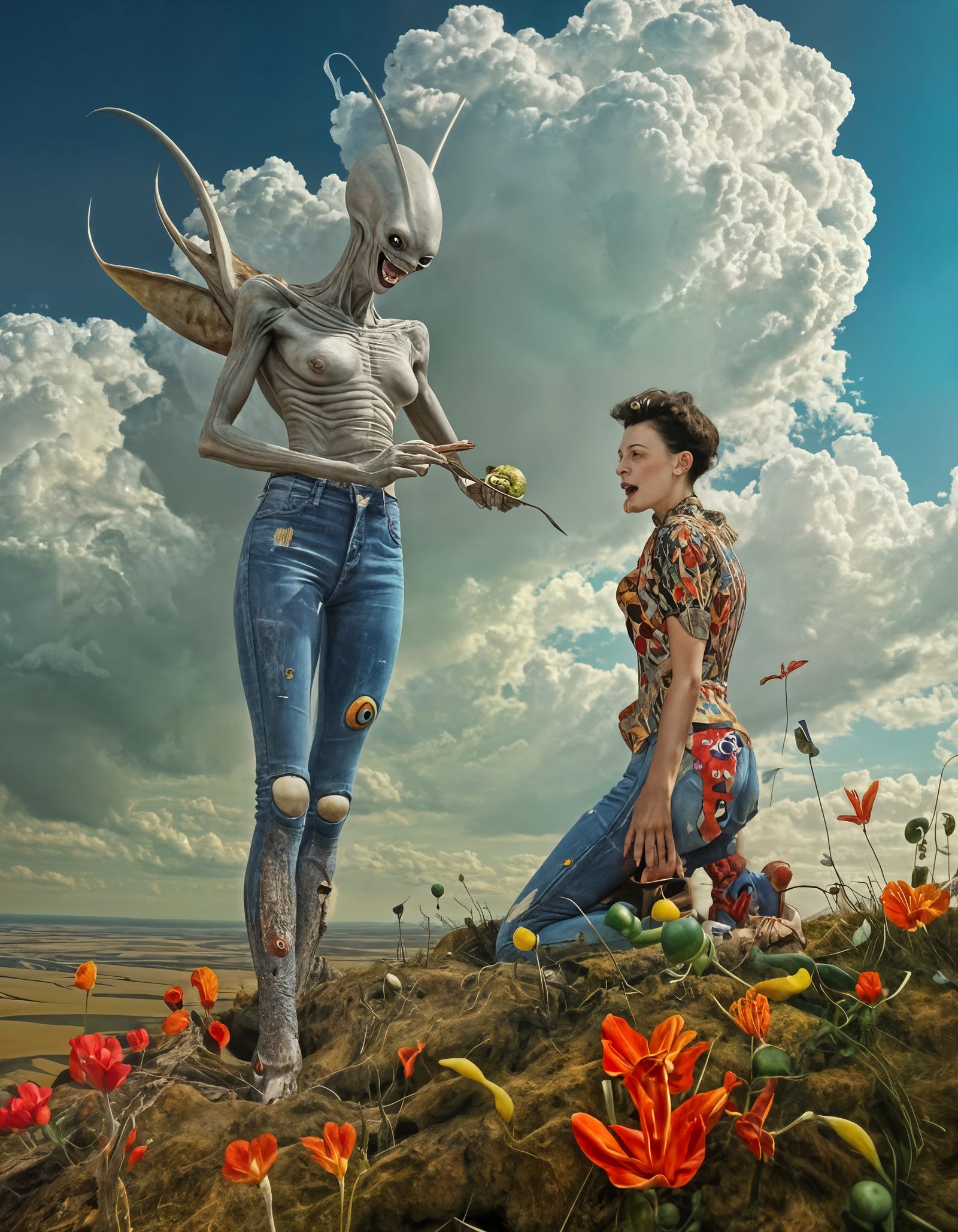 Exotic Aliens in Surreal Restaurant: Vibrant Color