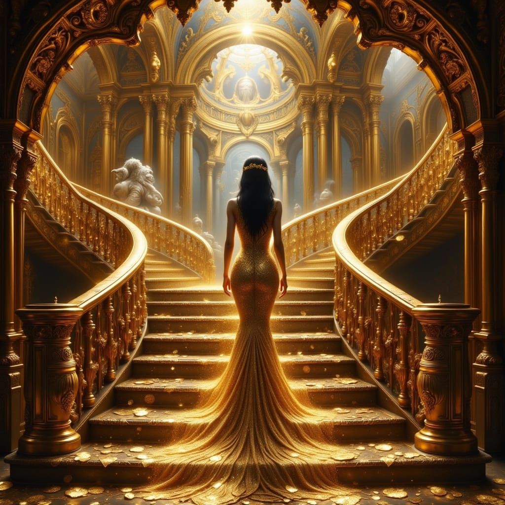 Fae Princess Overlooks Guests on Golden Staircase