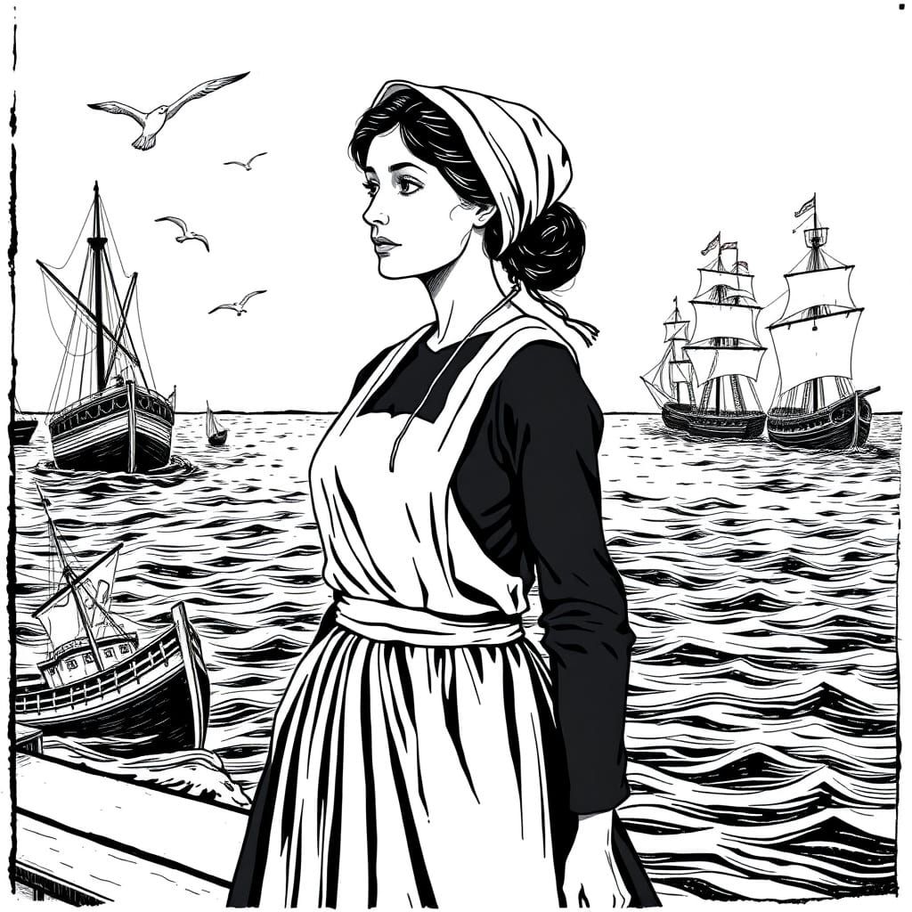 Amish Woman Contemplates the Horizon in Traditional Attire