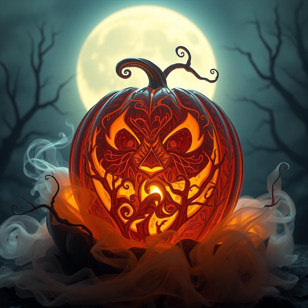 Ethereal Glass Halloween Pumpkin in Misty Landscape