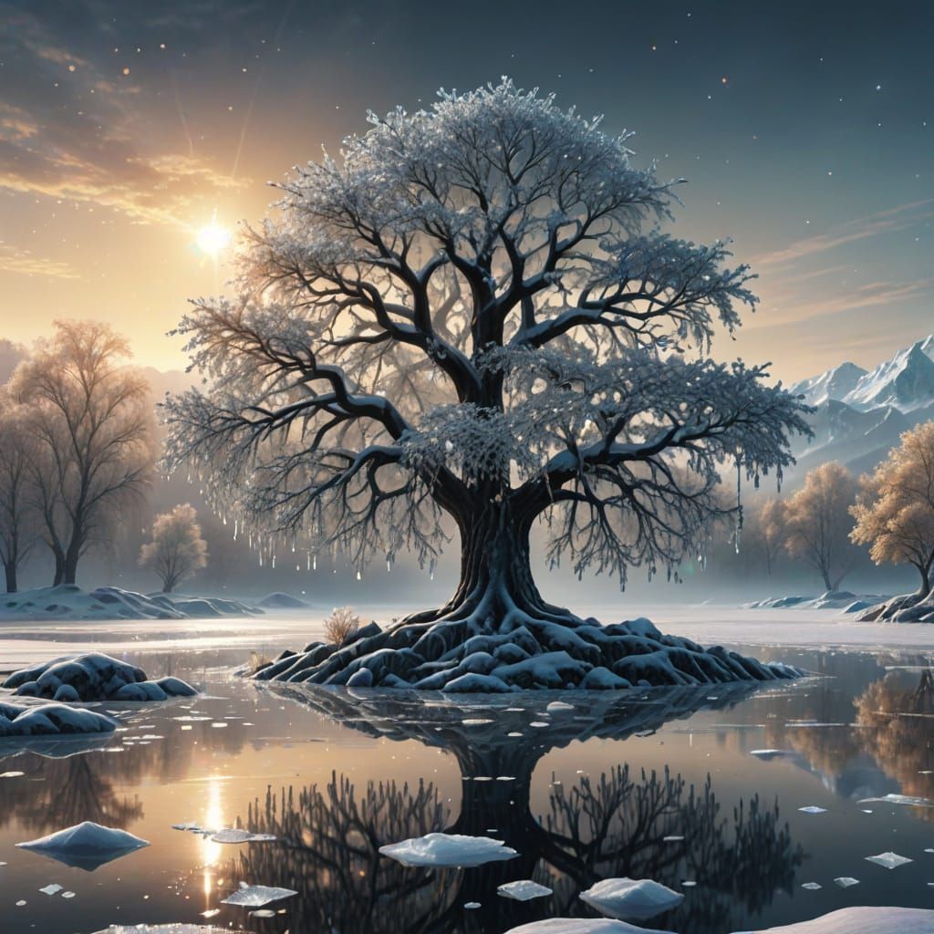 Diamond Tree on Frozen Lake: Fantasy Concept Art