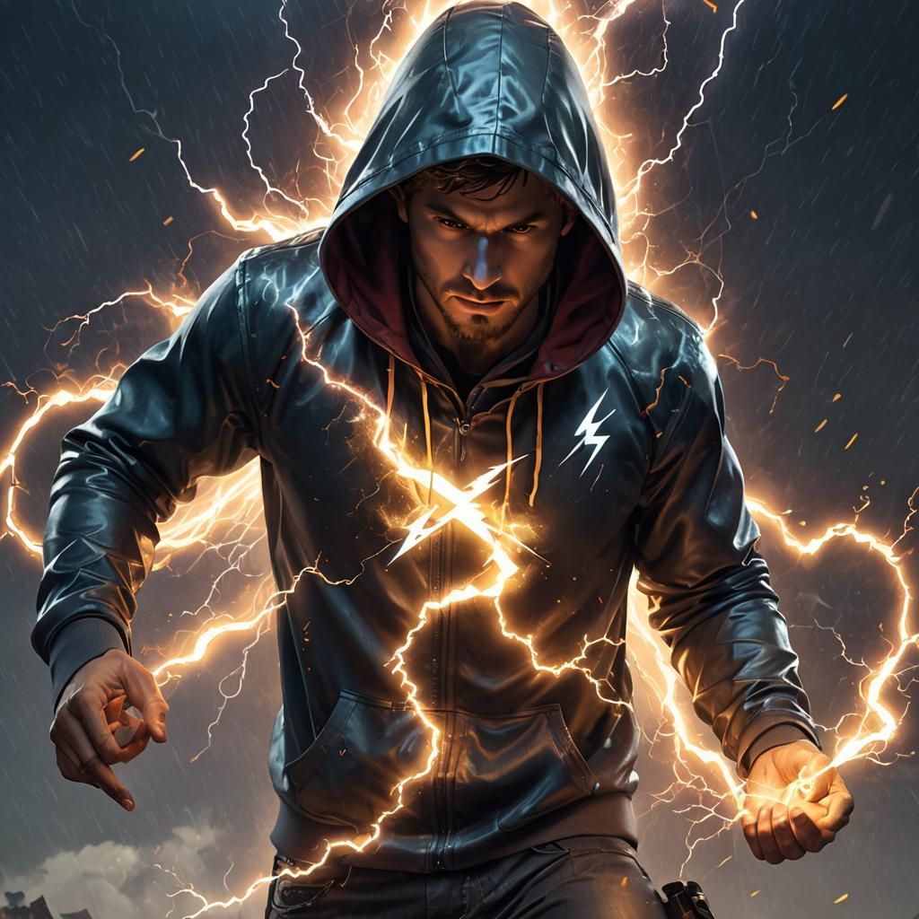 Man in Hoodie Manipulating Lightning: Hyperrealistic Concept...