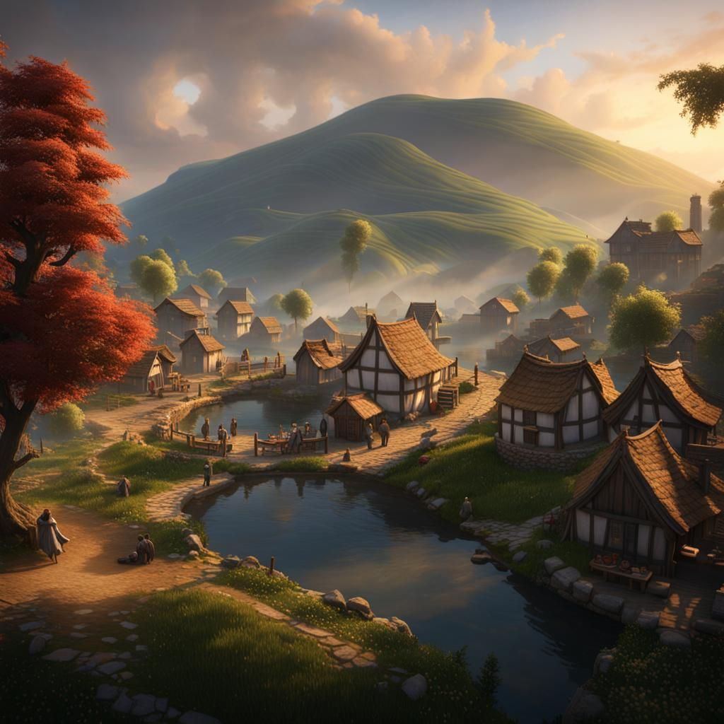 Peaceful Village Square in Hyper-Real 3D