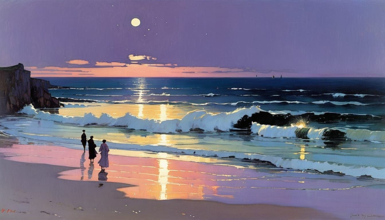 Beach at Night in Pastel Mixed Media Style