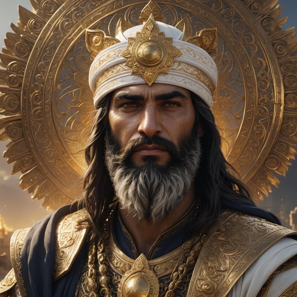 Persian God Portrait with Sun in Background