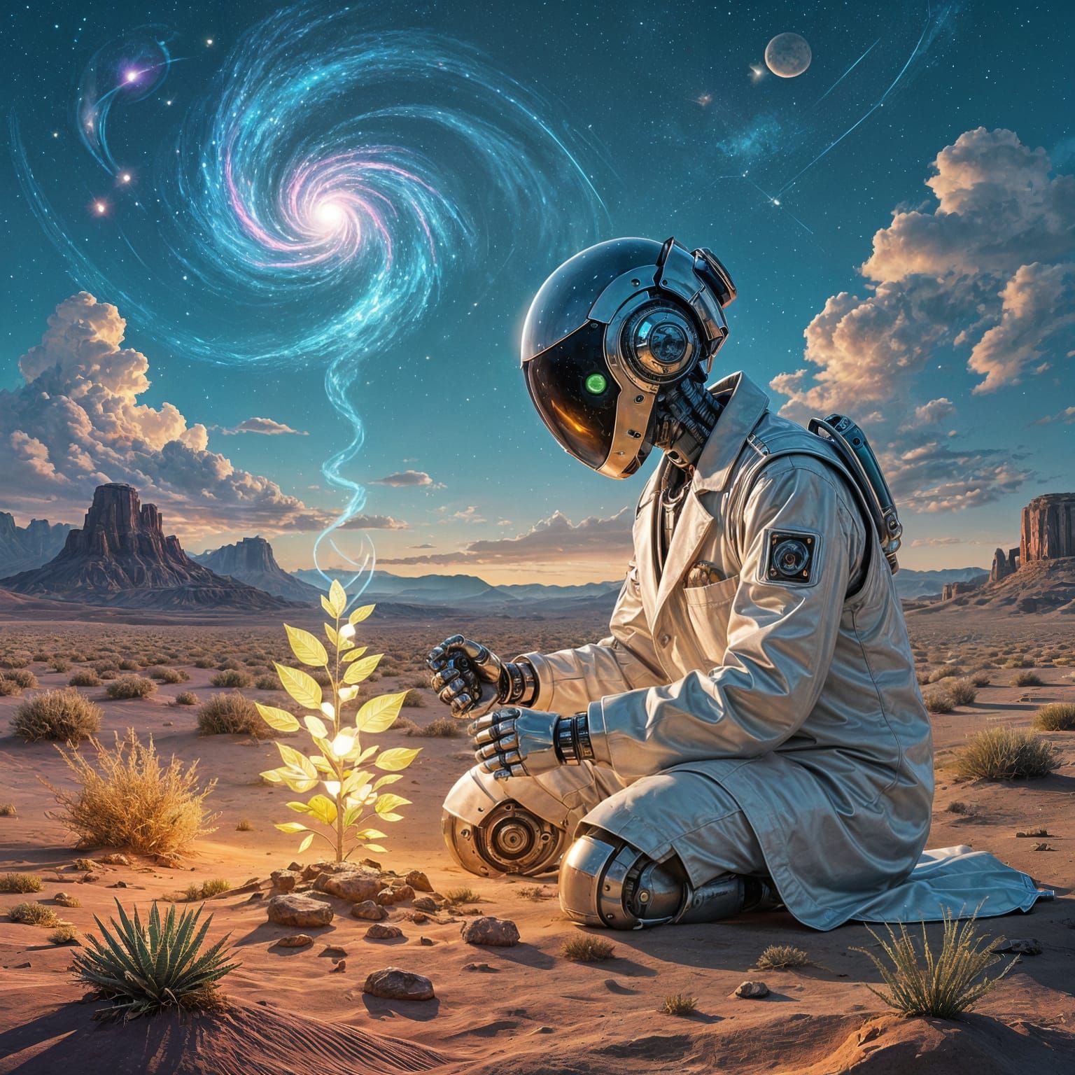 Robot Scientist Examines Bioluminescent Plant, Surreal Digit...