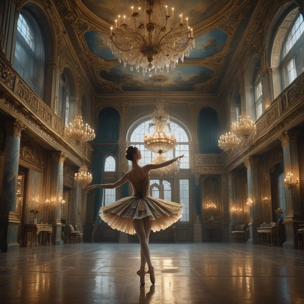Ballerina Practicing in Ornate Hall with Chandelier