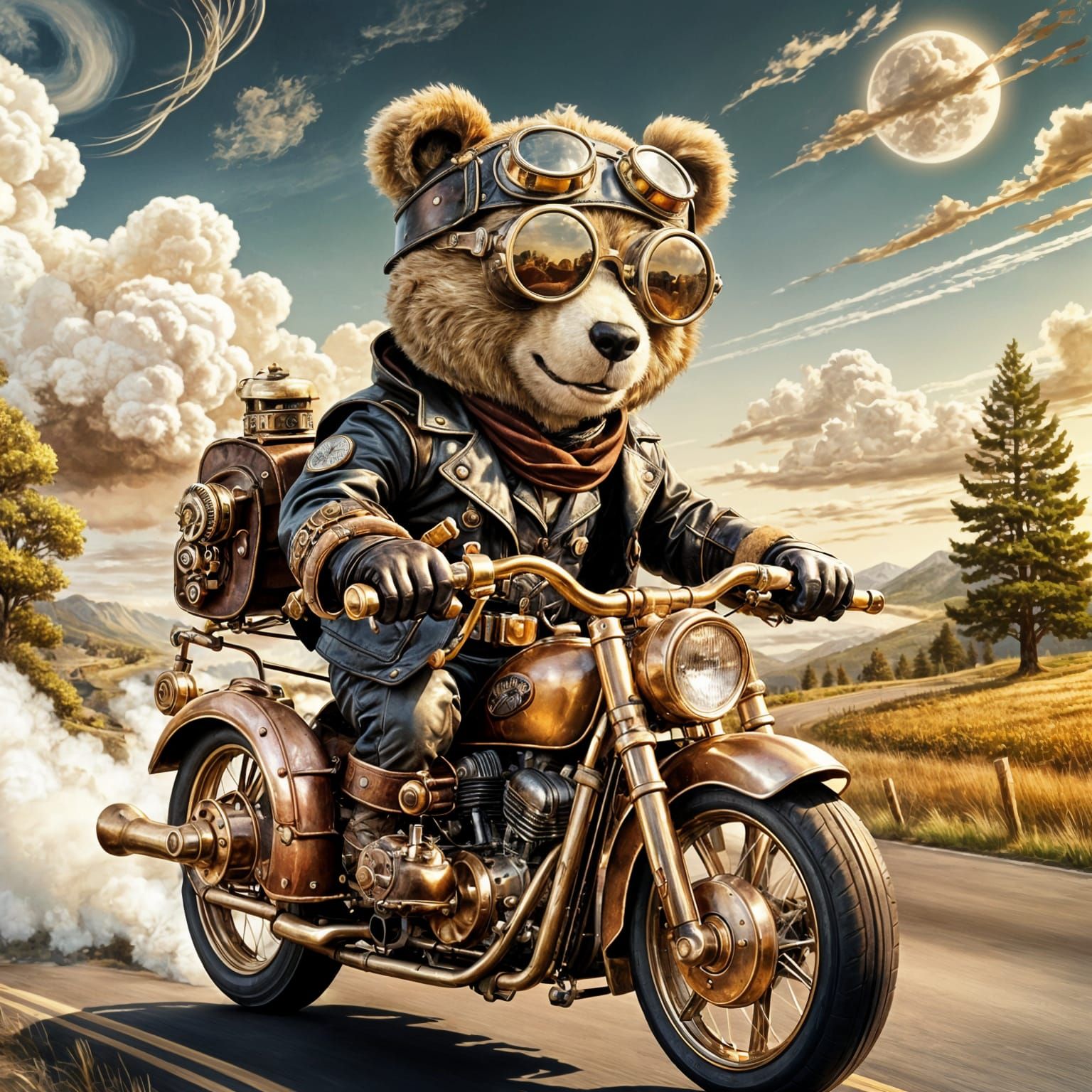 Steampunk Teddy Bear Motorcycle Ride Illustration