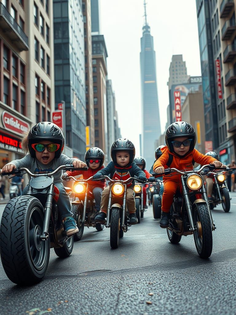 Cyberpunk Toddlers Ride Hotrods Through City