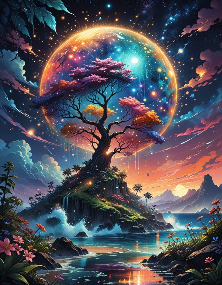 Surreal Beach Paradise Radiates Cosmic Beauty in Vibrant Wat...