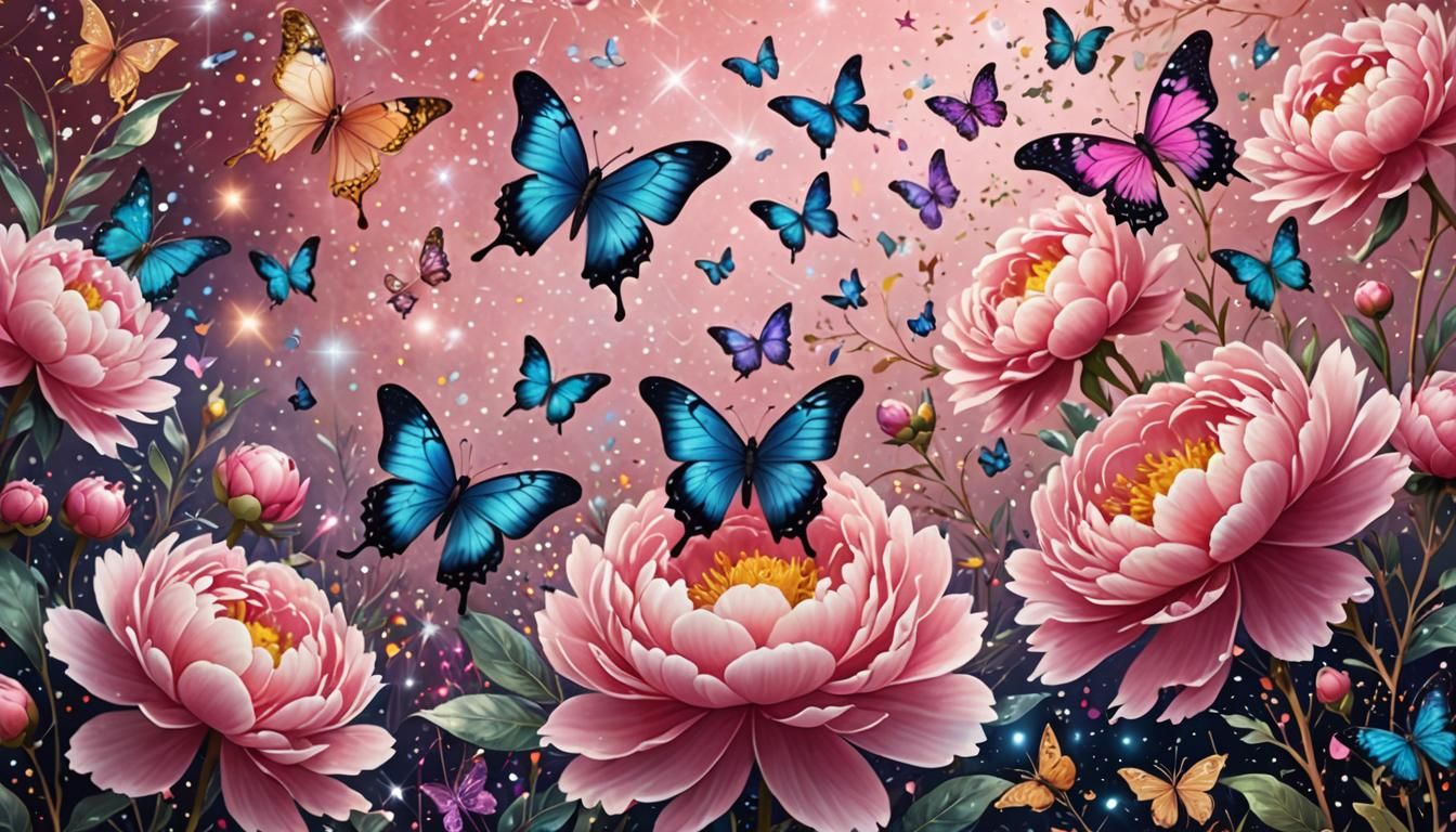 Sparkling Butterflies and Peonies on Pink Background
