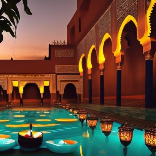 Hyperrealistic Marrakech Riad with Floating Candle Boats