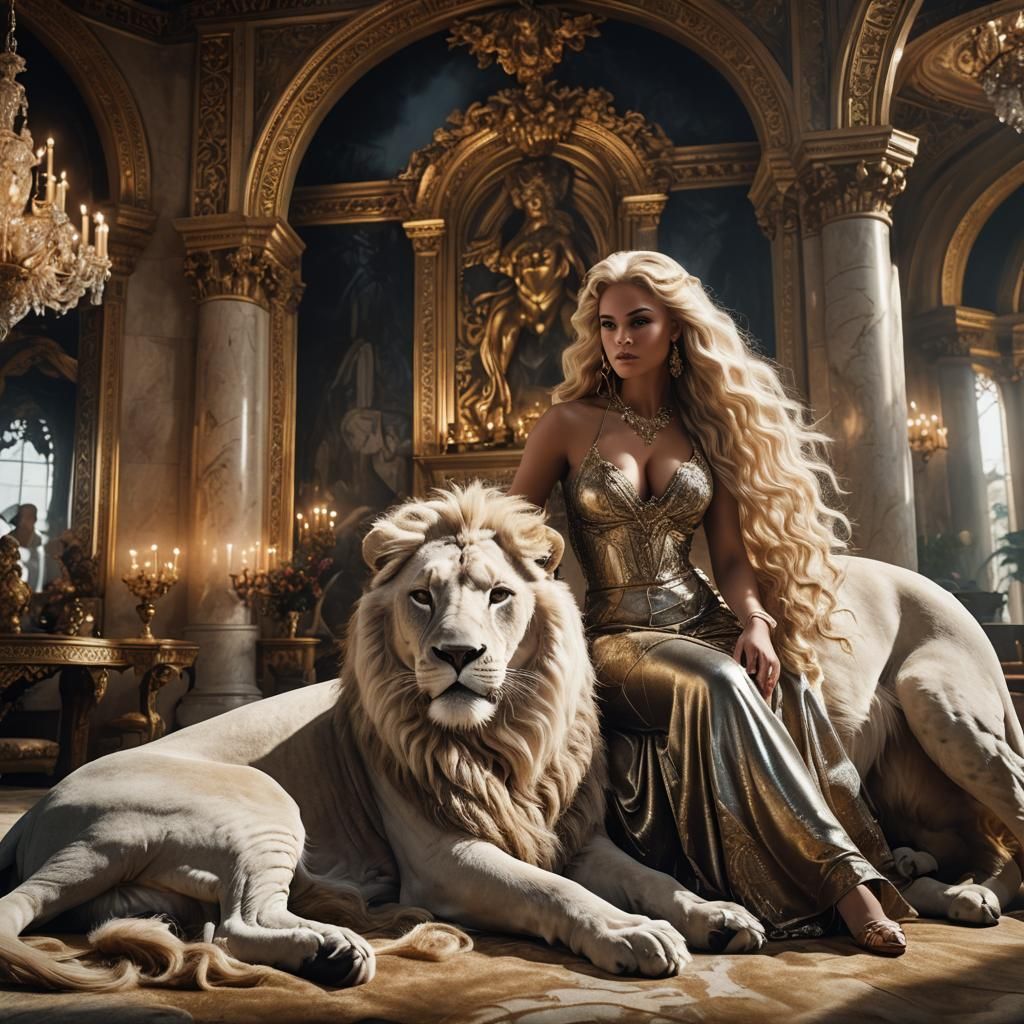 Woman and White Lion in Opulent Room