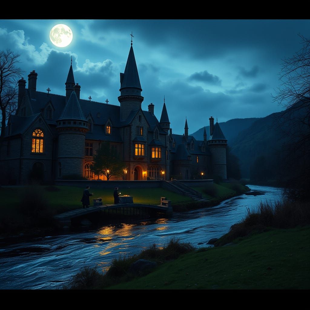 Moonlit Hogwarts School Scene in Cinematic Style