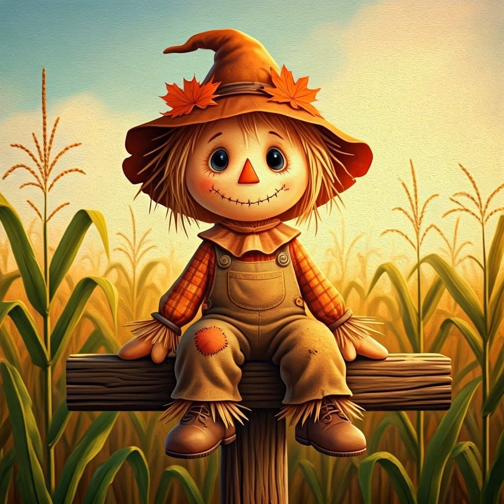 Pixar-Style Scarecrow in Autumn Cornfield
