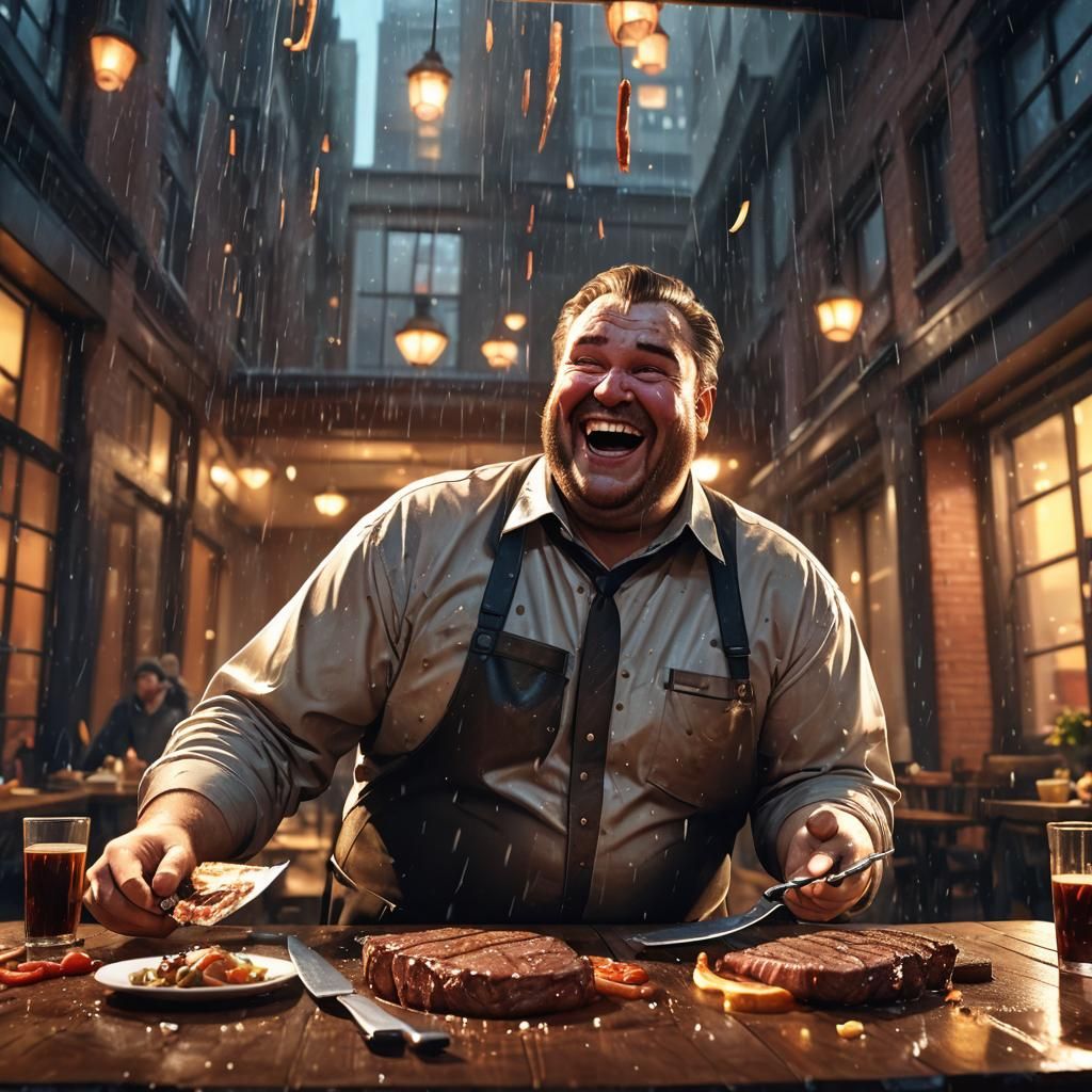 Jovial Man Laughing at Steaks in Cinematic 3D