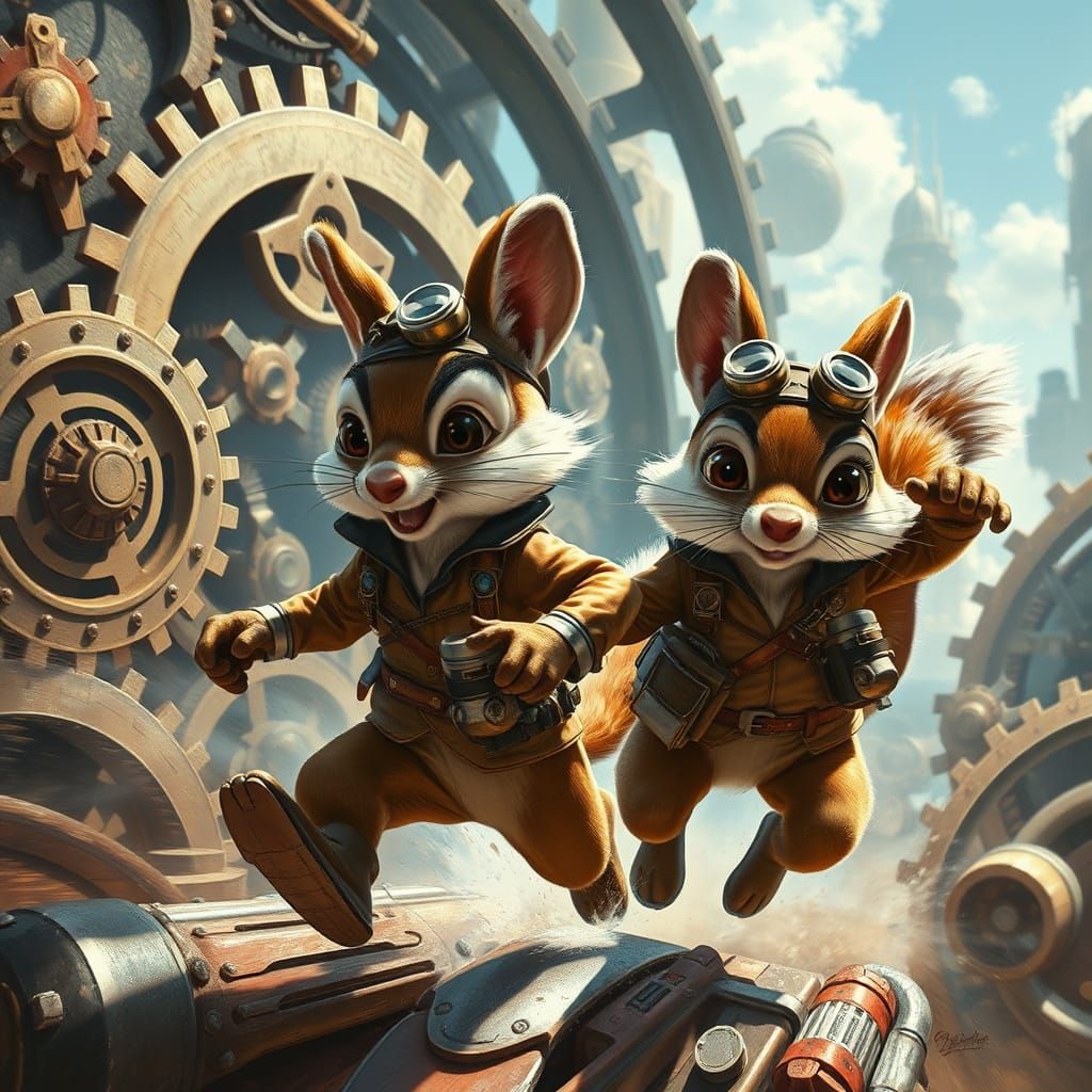 Chip and Dale in Steampunk Style Double Exposure