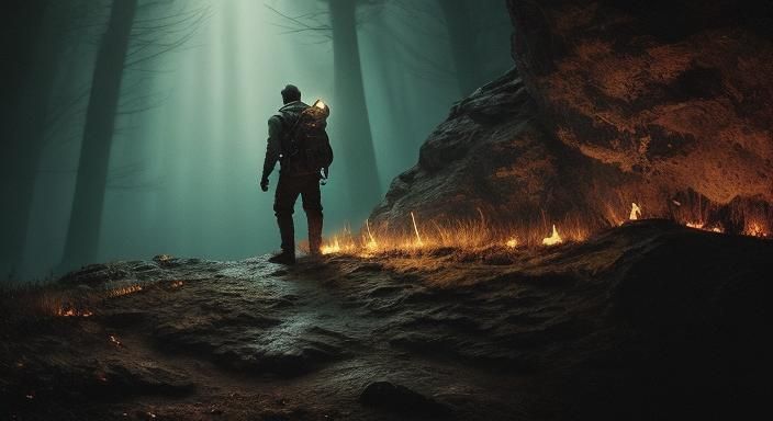 Eerie Chamber: Cinematic Film Still with Glowing Stone