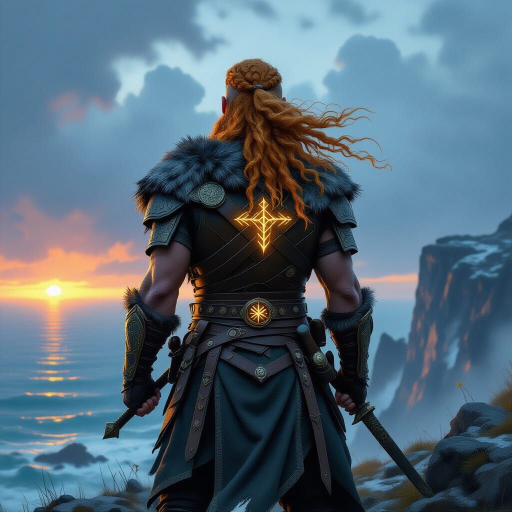 Viking Warrior on Windswept Cliff in Dark Fantasy Style