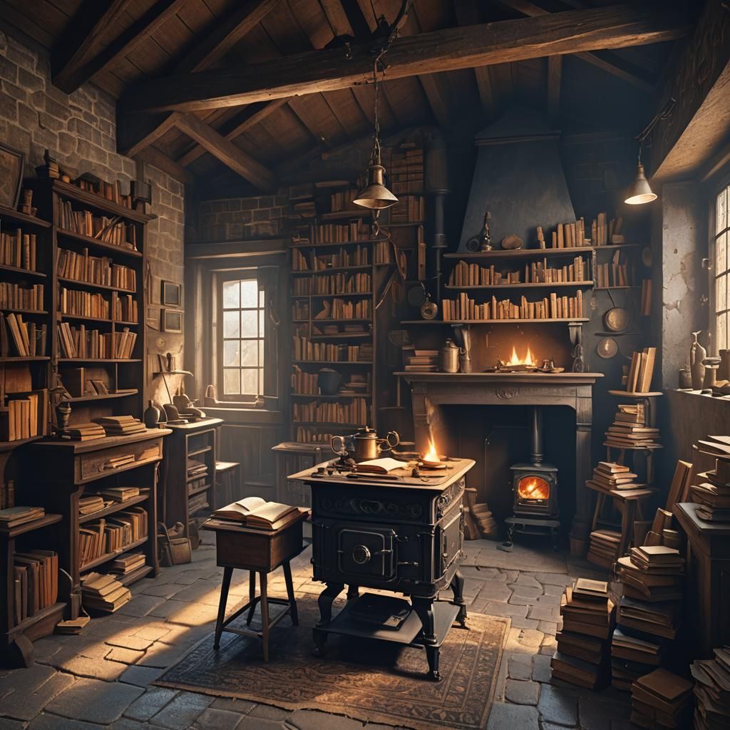 Vintage Carriage House Interior in Matte Painting Style