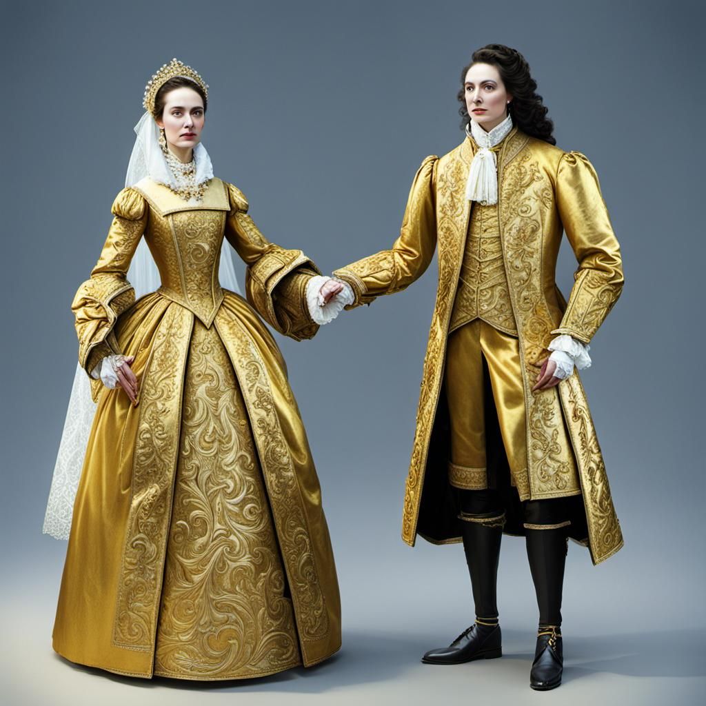 Royal Wedding in Cartoon Style with Golden Clothes